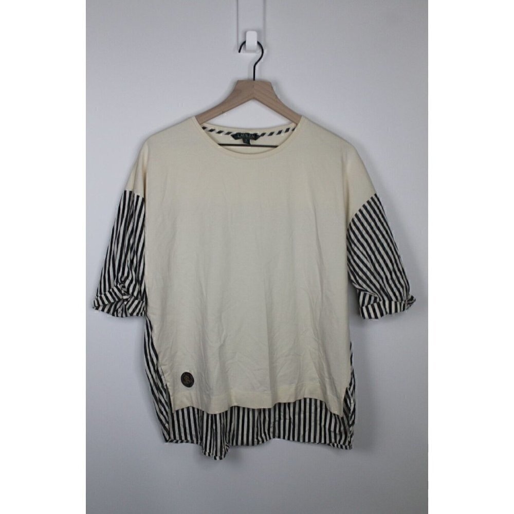 Ralph Lauren Vintage Lightweight Black Striped Shirt Top Short Sleeve XL